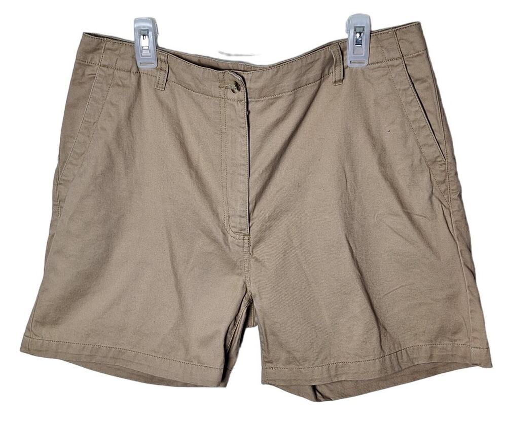 L.L. Bean Women 16 Beige Brown Flat Front 100% Cotton Shorts Coastal Beach Prep